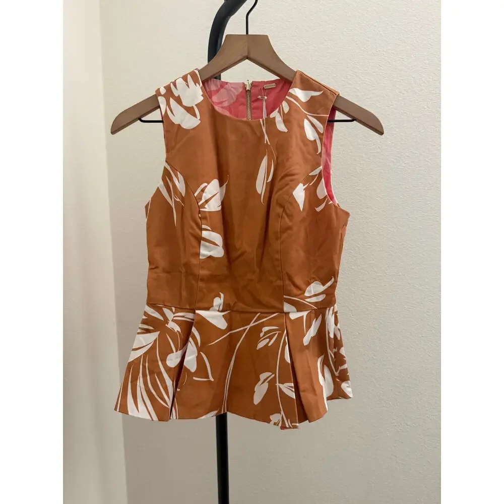 PROSPERINA SABINE ROSE PINK FLORAL PRINT COTTON REVERSIBLE PEPLUM TOP - Picture 5 of 8